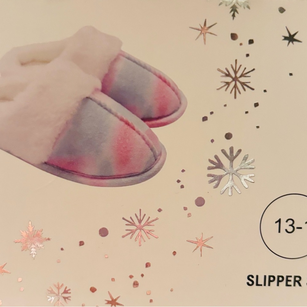 Multicolor Slip-On Kids Slippers with Fur Trim, Flat Heel, Size 13-1